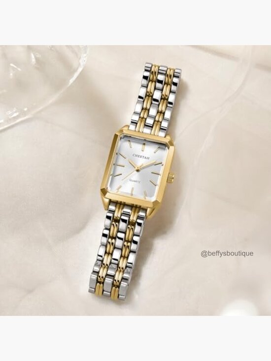 Gold-Tone Rectangular Dainty Watch, Stainless Steel Band, Japanese Quartz